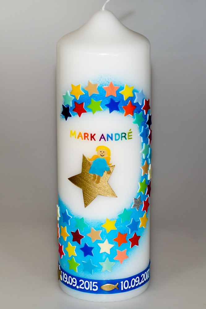 Taufkerze Lennart mit Sternen und Engel