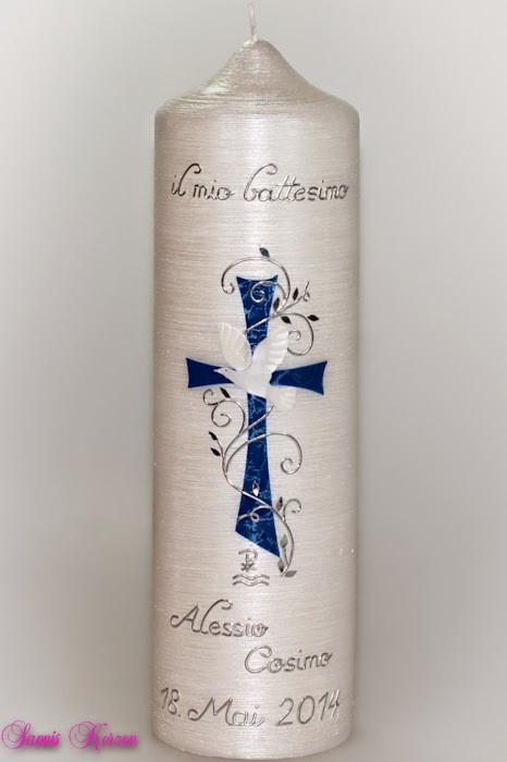 Taufkerze "romantisch" mit Kreuz und Spruch Perlmutt