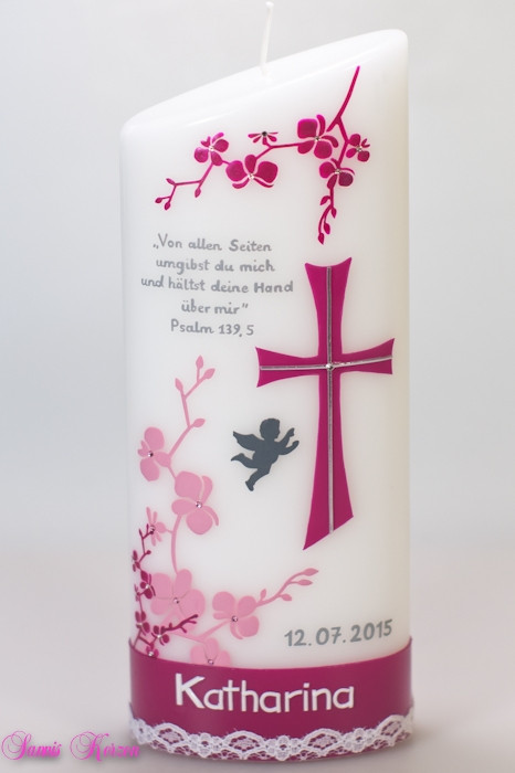 Taufkerze Orchideen mit Spruch und Spitze oval abg. in der Farbe weiß  für nur 60,00 €