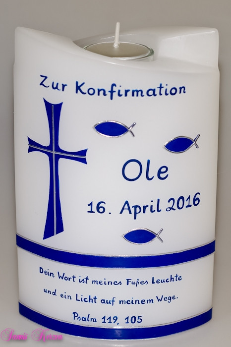 Taufkerze "OLE" doppelt oval abg. mit Spruch und Teelicht