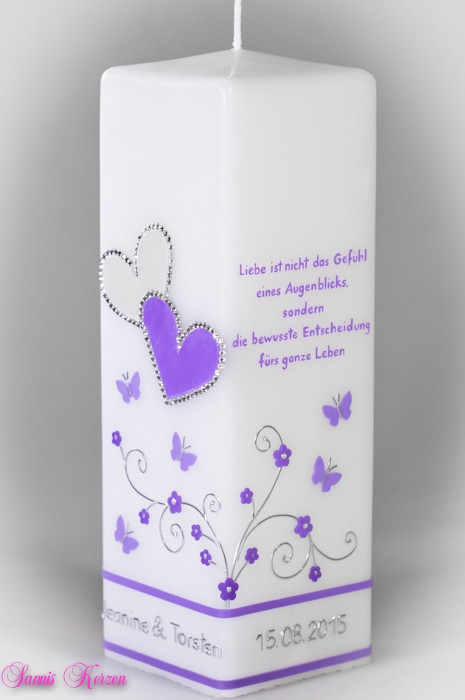Hochzeitskerze Schmetterlingsranken mit Spruch viereckig groß in der Farbe weiß  für nur  47,00 €