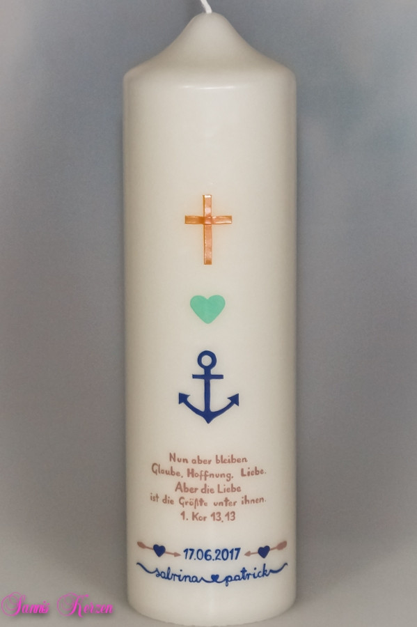 Hochzeitskerze "Glaube Liebe Hoffnung mit Spruch" wollweiß