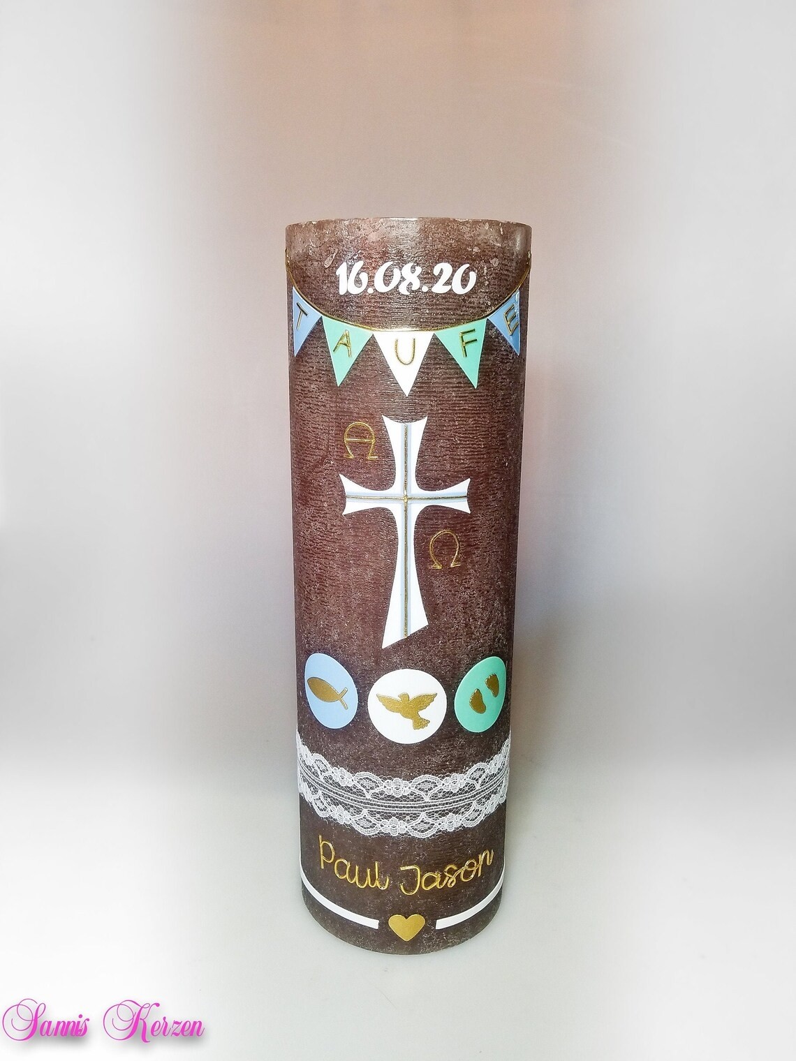 große Rustik Taufkerze 30 x 10 cm mit christlichen Symbolen in der Farbe rustik-braun  für nur  51,00 €