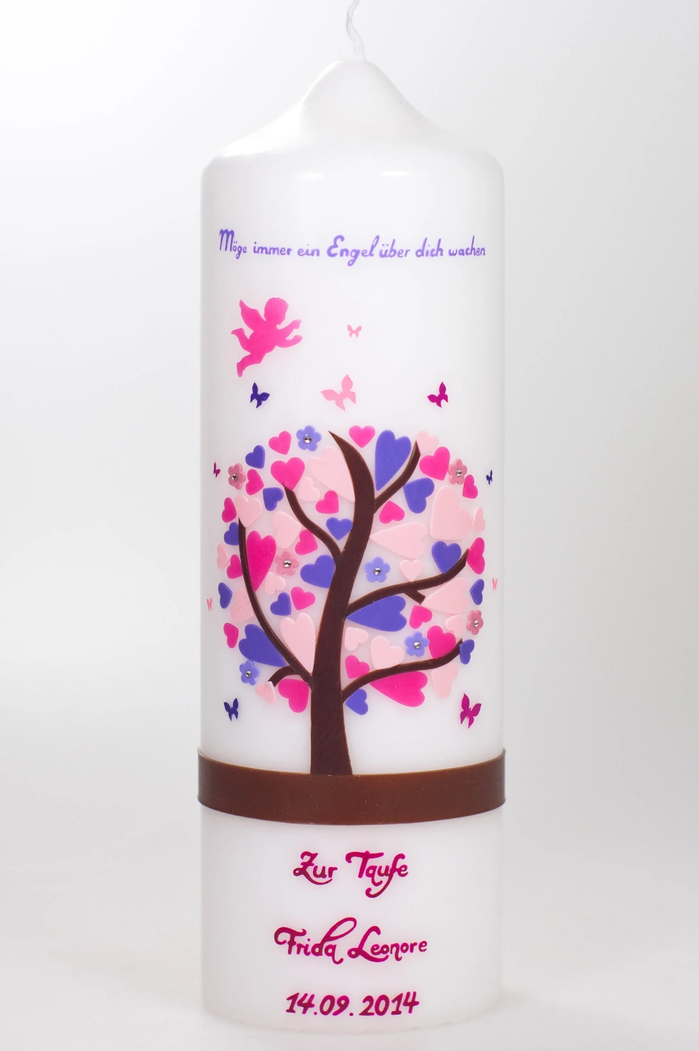 Taufkerze Herzbaum mit Engel und Spruch