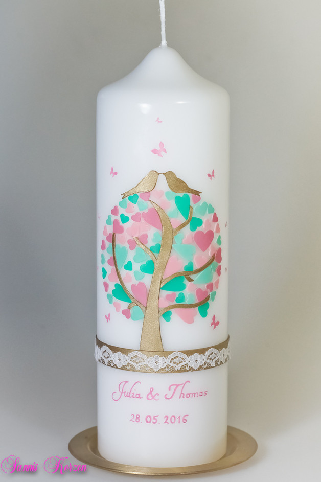 Hochzeitskerze Herzbaum mit Schmetterlingen und SP