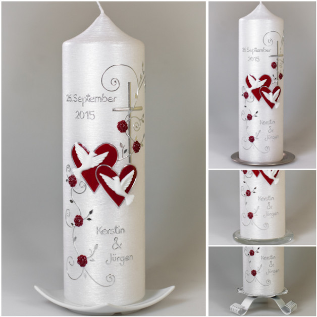 Hochzeitskerze "romantisch" mit Blättern Perlmutt