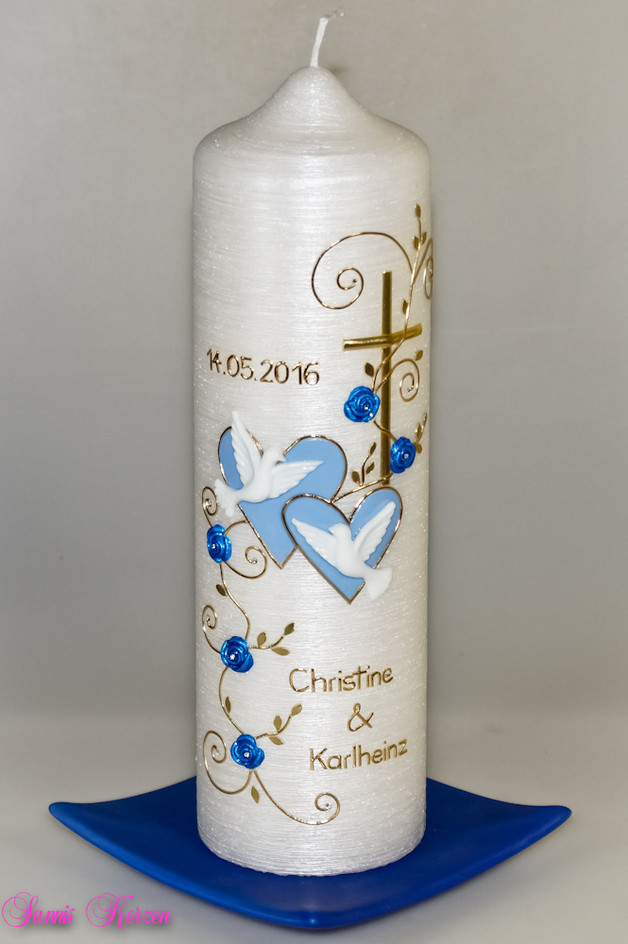 Hochzeitskerze "romantisch" mit Blättern Perlmutt